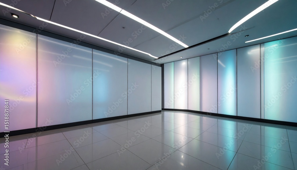 Poster holographic retro tech wall displayed in soft blue and pink tones with reflective flooring empty int
