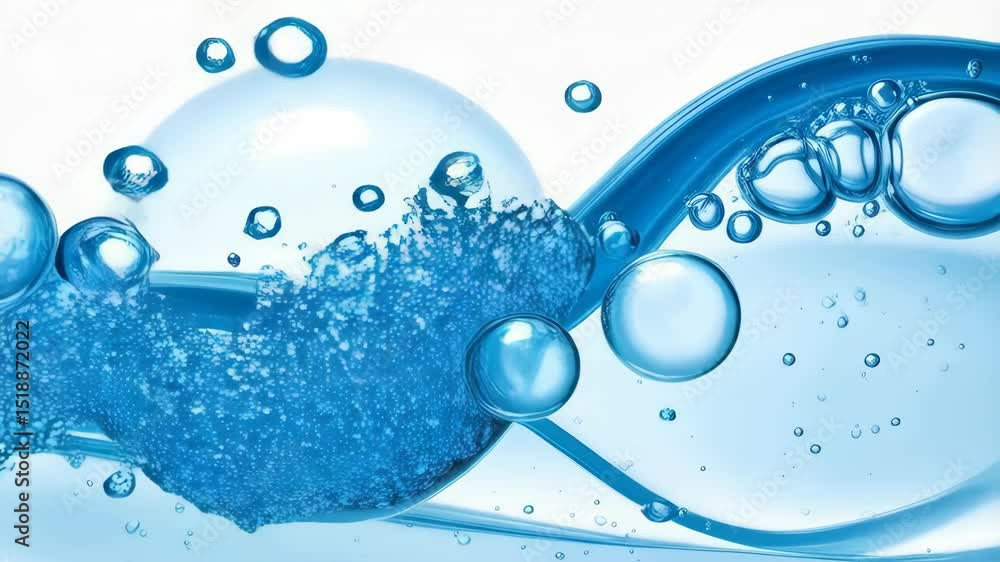 Poster captivating macro image of a blue liquid with floating bubbles, resembling cells under a microscope,