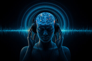 Obraz premium AI generated sci fi concept of an androgynous figure wearing headphones with glowing brain surrounded by energy waves symbolizing mental stimulation sound therapy and neural activation