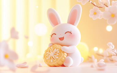 Cute Cartoon Rabbit Holding Mooncake for Mid-Autumn Festival Celebration