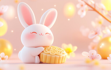 Cute Cartoon Bunny Holding Mooncake with Cherry Blossoms for Mid-Autumn Festival