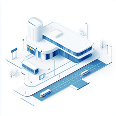Abstract 3D rendering of a highway station featuring urban architecture with blue and white color scheme on clean white background, transportation infrastructure and technological innovation.