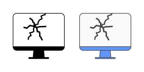 Monitor with broken screen crack in outline and color styles, vector illustration representing hardware failure, screen damage, or physical display malfunction in tech equipment.