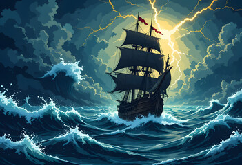 Pixel Art Galleon: Tempest at Sea