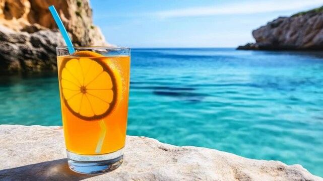 Refreshing Orange Drink by the Turquoise Sea