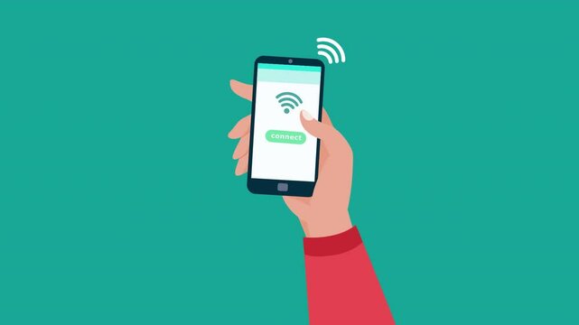Animated illustration depicts a hand using a smartphone to connect to WiFi, featuring clear visual feedback. Great for concepts of online access, internet use, and technology. 2d animation.
 - Powered by Adobe