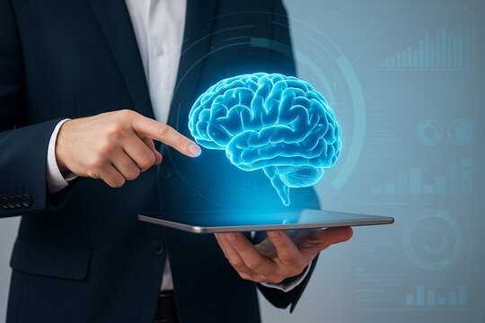 AI generated a digital concept of human hand managing floating 3D brain hologram above tablet interface highlighting data control and intelligent technology