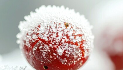 Macro Shot Of Red Berry with Frost Crystals Against Blurred White Background