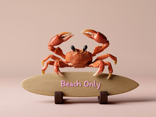 crab stands on a wooden surfboard sign that reads "Beach Only" against a soft beige background.
