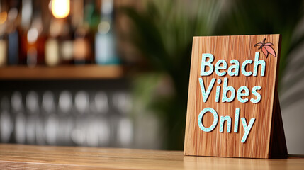 wooden sign on a bar counter reads "Beach Vibes Only" with a tropical leaf, evoking a relaxed, summer atmosphere.