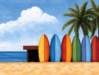 Colorful surfboards lined up on a sandy beach with palm trees, blue sky, and ocean in the background.