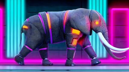 Robotic elephant navigating through a neon-lit jungle