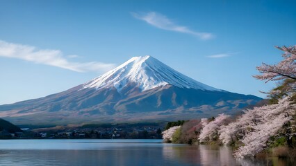 Majestic mount fuji with cherry blossoms blooming near a serene lake in japan