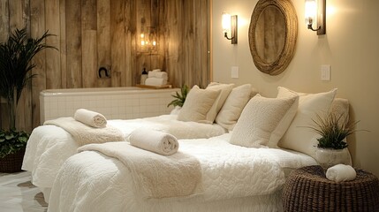 A spa room with two treatment beds, towels, pillows, plants, and a bathtub against a wood wall