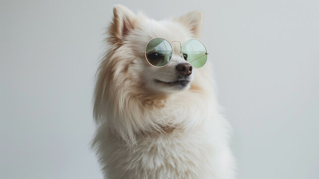 Cool fluffy white dog wearing round sunglasses posing against white background
