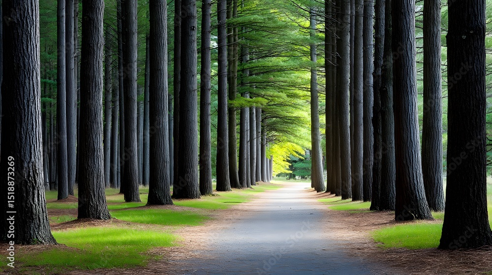 Poster serene path lined with towering pine trees in a peaceful forest