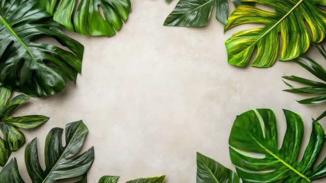 Tropical Monstera Leaf Frame on Beige Background