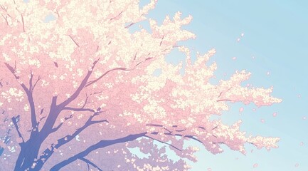 A serene cherry blossom tree with delicate pink flowers against a clear blue sky.