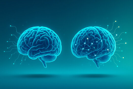 AI generated twin 3D glowing brains with distinct neural nodes and digital signals representing artificial intelligence and parallel processing in a futuristic science context