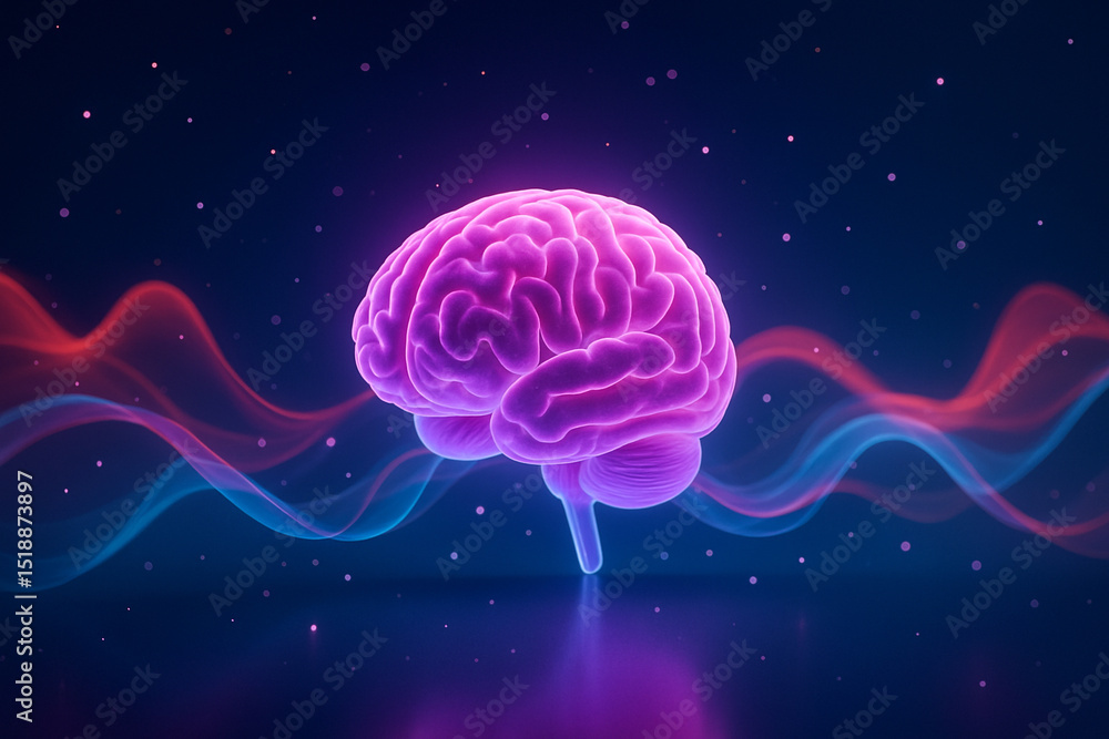Poster ai generated glowing purple brain floating in a deep blue cosmic background with abstract red and bl