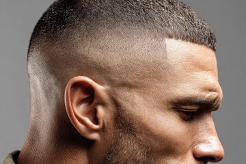 Obraz premium Close-up of a man's head and neck with a short, styled haircut.