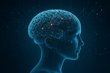 Obraz premium AI generated 3D digital brain merged with a translucent robotic face symbolizing the fusion of human intelligence and artificial systems in a futuristic network environment