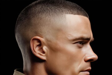 Close-up profile view of a man's head and neck.