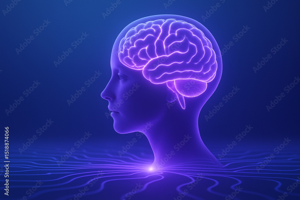 Poster ai generated human profile with a luminous purple brain showing neural detail glowing on abstract di