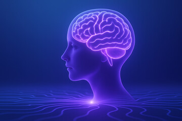 Obraz premium AI generated human profile with a luminous purple brain showing neural detail glowing on abstract digital surface in a futuristic calm blue background