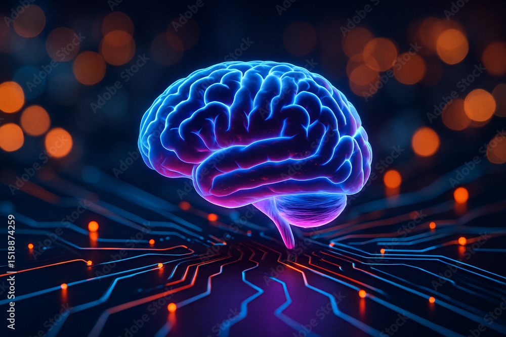 Poster ai generated glowing brain in blue and pink colors placed on an abstract electronic circuit board wi
