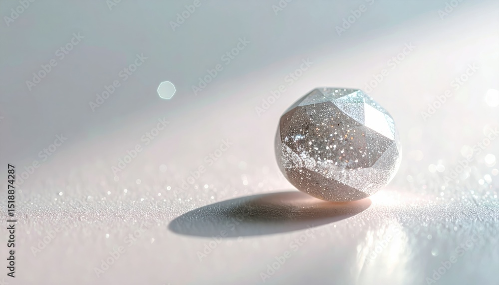 Poster sparkling metallic glitter object on soft pink surface with reflection and lens flare