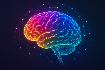 Obraz premium AI generated vibrant brain with rainbow glow and neural network structure on dark gradient background symbolizing imagination connectivity balance and futuristic intelligence