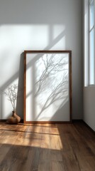 Minimalist wooden frame on floor, white backdrop. Clean 3D illustration with soft shadows, simplicity in design.