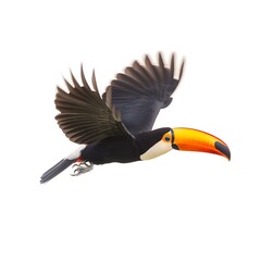Obraz premium Toucan Wildlife in Flight: Majestic Tropical Bird with Vibrant Feathers and Beak, Captured in Its Natural Rainforest Habitat