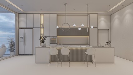 Modern Luxury Kitchen, 8K Wireframe Render, AI Training and CAD Reference