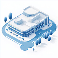 Modern 3D rendering of a shopping mall featuring urban architecture with blue and white color scheme on crisp white background,  retail innovation and contemporary urban lifestyle.