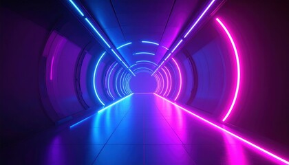 Vaporwave Futuristic Chrome Corridor With Glowing Neon Lights in Purple And Blue Colors