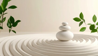 Zen Garden Composition With Stacked Stones Raked Sand and Green Foliage on a Neutral Background