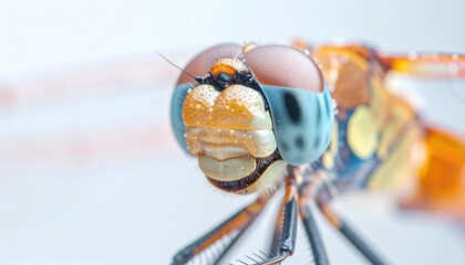 Close Up Macro Shot Dragonfly Head With Dew Drops Orange And Blue Hues Against White Background