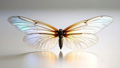 Close Up of Firefly's Delicate Wings Displaying Iridescent Reflections on a Light Background