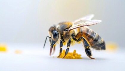 Close-Up Of Honeybee With Pollen Covered Legs Gripping Flower Stamen Against Blurred White Background