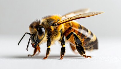 Detailed Macro Shot Of A Bee Furry Body Collecting Nectar Against White Background With Sharp Focus