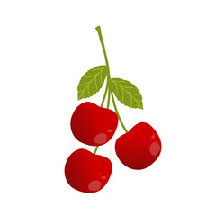 Illustration of red cherries. Illustration of red cherries with green leaves and twig. Flat design Red cherry fruit illustration with branches