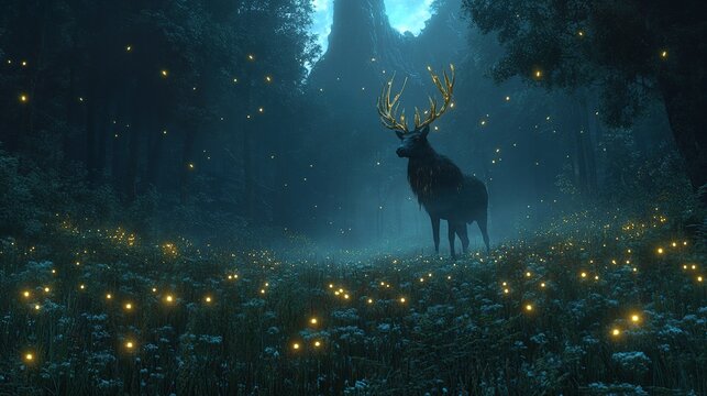 Majestic deer in a mystical, glowing forest at night