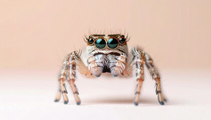 Extreme Close-Up of Jumping Spider Face Showing Iridescent Eyes and Detailed Features on Peach Background