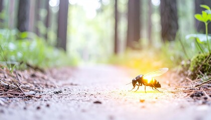 Glowing Firefly in a Dark Forest Illuminated by Soft Ambient Light with Sharp Details
