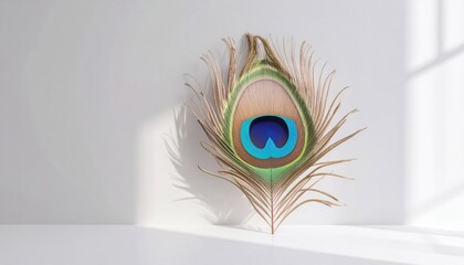 Iridescent Peacock Feather Isolated On White Background Displaying Vibrant Colors and Delicate Details