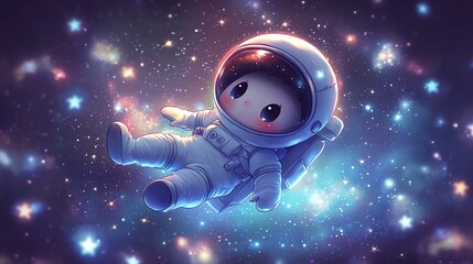 Adorable chibi astronaut floats amidst twinkling stars and nebulae in space
