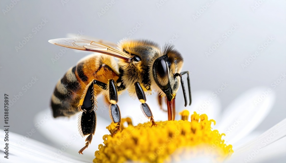 Poster macro shot of bee antennae touching a flower petal with soft bokeh background