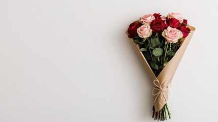 A modern and elegant bouquet of vibrant red and soft blush roses wrapped in a simple floral paper and tied with a ribbon creating a romantic and thoughtful gesture